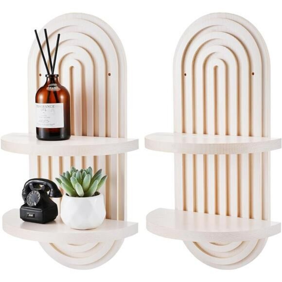 Wenqik Boho Wall Shelves Set of 2 White Arch Floating Wood Shelf for Nursery - Picture 1 of 7